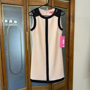 Betsey Johnson Pink Shift Dress with Black Trim and Shoulder Bows, BRAND NEW
